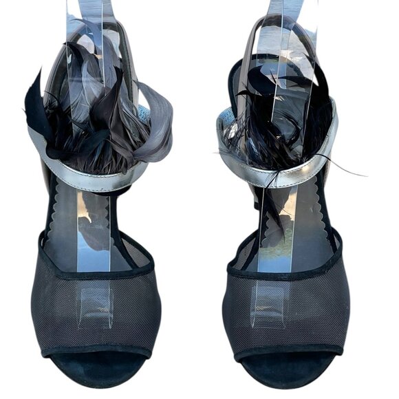 Reed Krakoff Black Mesh & Silver Leather Heels W/ Feathers Size 6.5 EU Size 37.5 - Picture 3 of 15